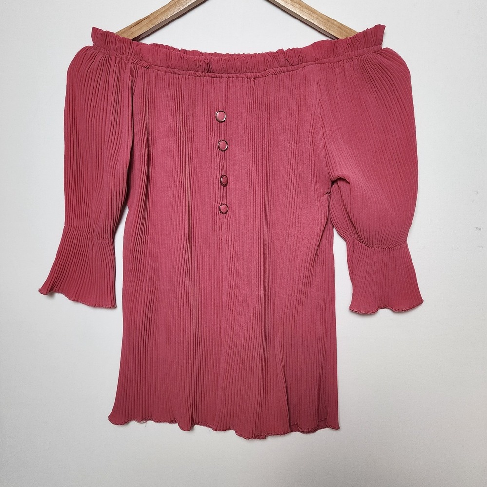 Pink Pleated Off Shoulder Bell Sleeve Button Front Blouse Size Medium
